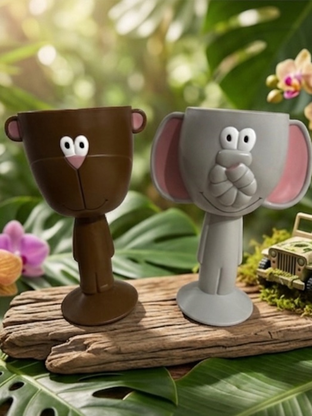 🌟 RARE Vintage Novelty Animal Goblets - Monkey & Elephant Pair